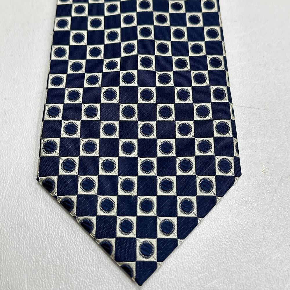 Alexander Julian Tie Mens 59 in Silk Black Gray Cream Squares Lines Circles Geo
